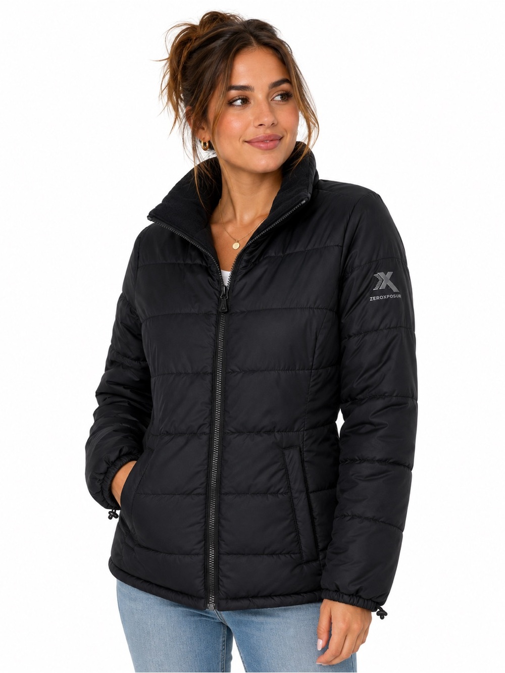 ZeroXposur Women Small Black Quilted Puffer Jacket Full Zip Fleece Collar Winter